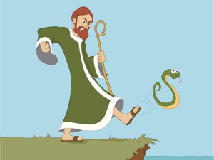 Saint Patrick kicking the snakes out of Ireland